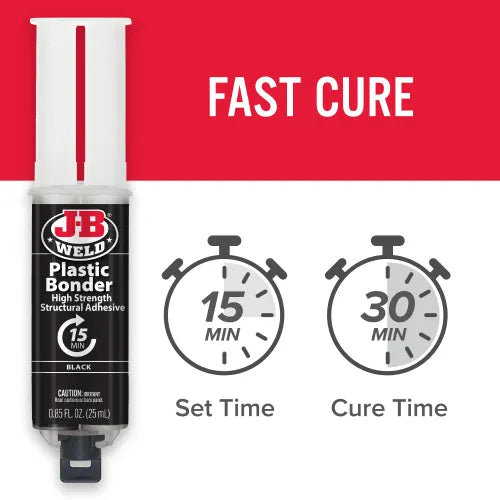 J-B Weld Plastic Bonder™ Syringe - 25 ml works on thermoset, carbon fiber composites, thermoplastics, coated metals, concrete & more. J-B Weld Plastic Bonder™ Syringe - 25 ml works on thermoset, carbon fiber composites, thermoplastics, coated metals, concrete & more.
